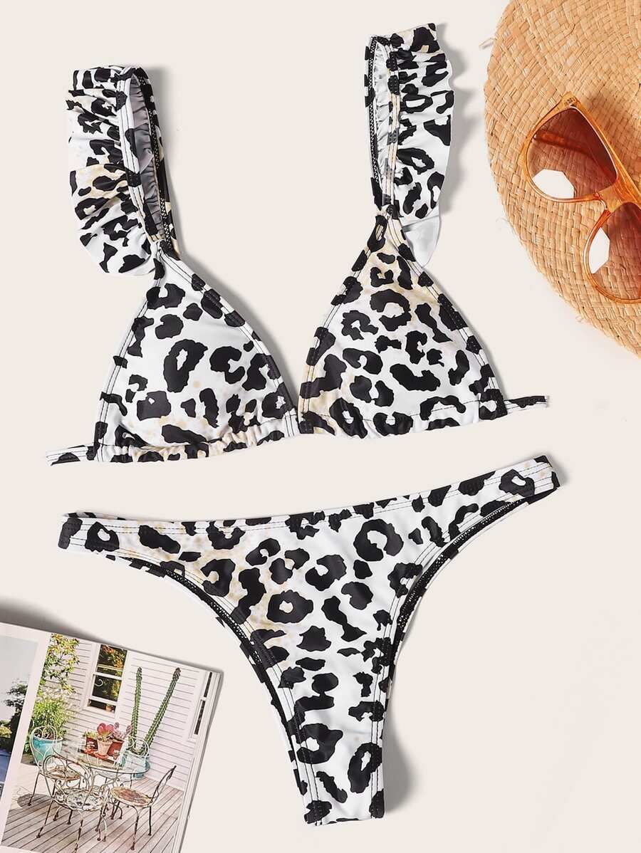 Ruffle Strap Triangle Top With Leopard Bikini Set | SHEIN