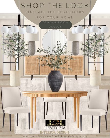 Modern farmhouse dining room idea. Recreate the look with these furniture and decor finds! Wood round dining table, dining chair, dining room white rug, black ceramic vase, faux fake stem plant, wood cane console buffet credenza, white ceramic tree planter pot, faux fake tree, round mirror, grey table lamp, dining room chandelier light.

#LTKFind #LTKstyletip #LTKhome