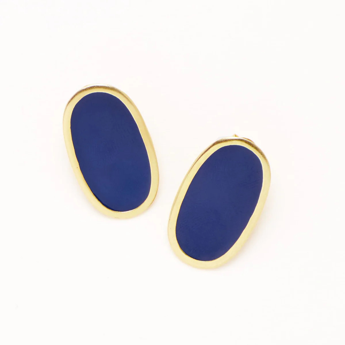 Alexis Oval Enamel Post Earrings Navy Framed In Brass | INK+ALLOY