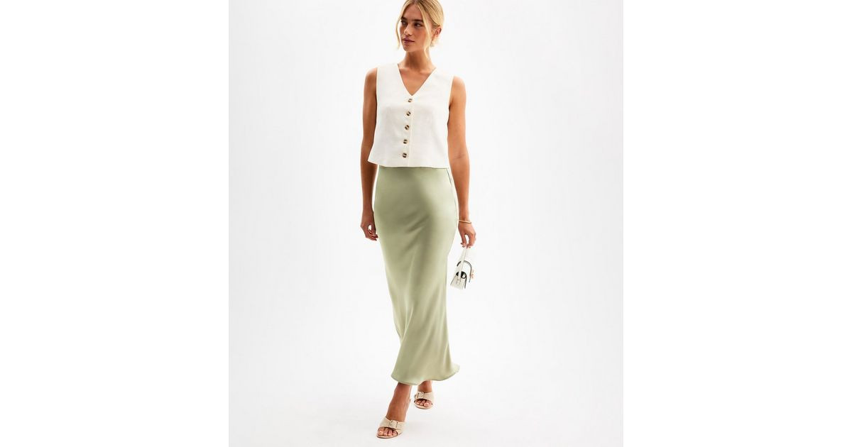 Light Green Bias Cut Satin Midi Skirt | New Look | New Look (UK)