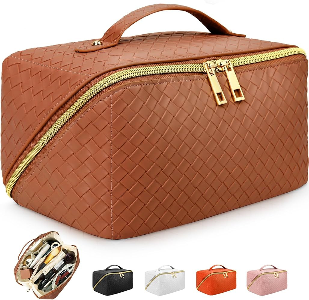 AURUZA Large Capacity Makeup Bag, Travel Cosmetic Bag With Handle and Divider Flat Lay Makeup Org... | Amazon (US)