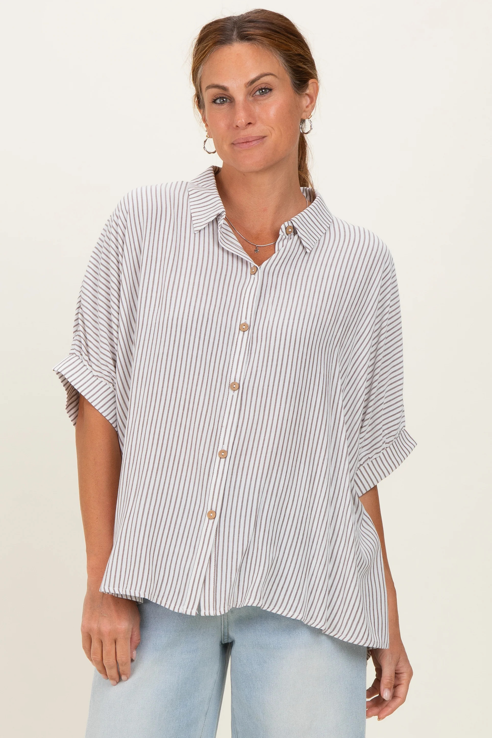 Brown Striped Boxy Button Down Top - Small/Medium | PinkBlush Maternity