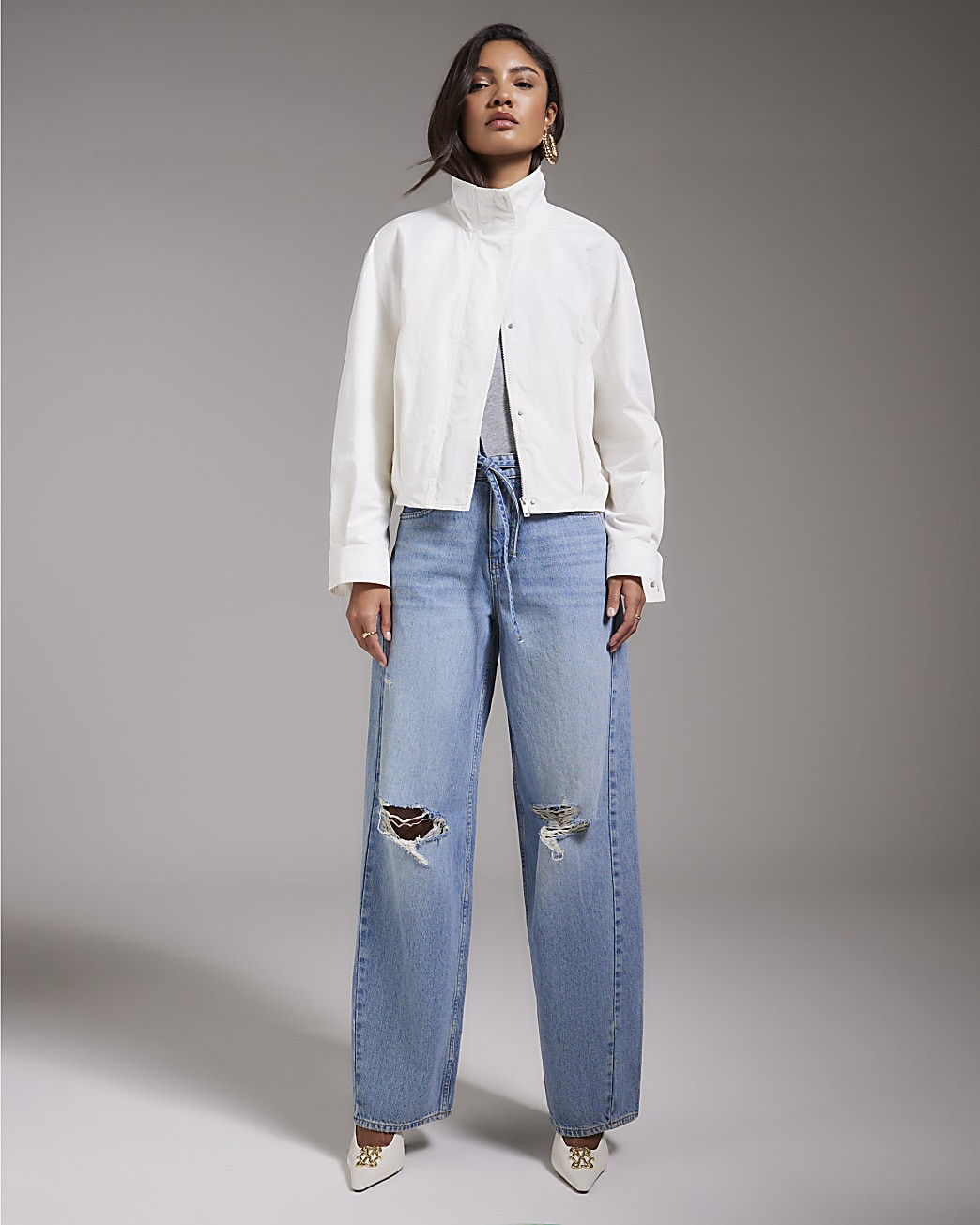 Blue Ripped Drawstring Balloon Leg Jeans | River Island UK & IE