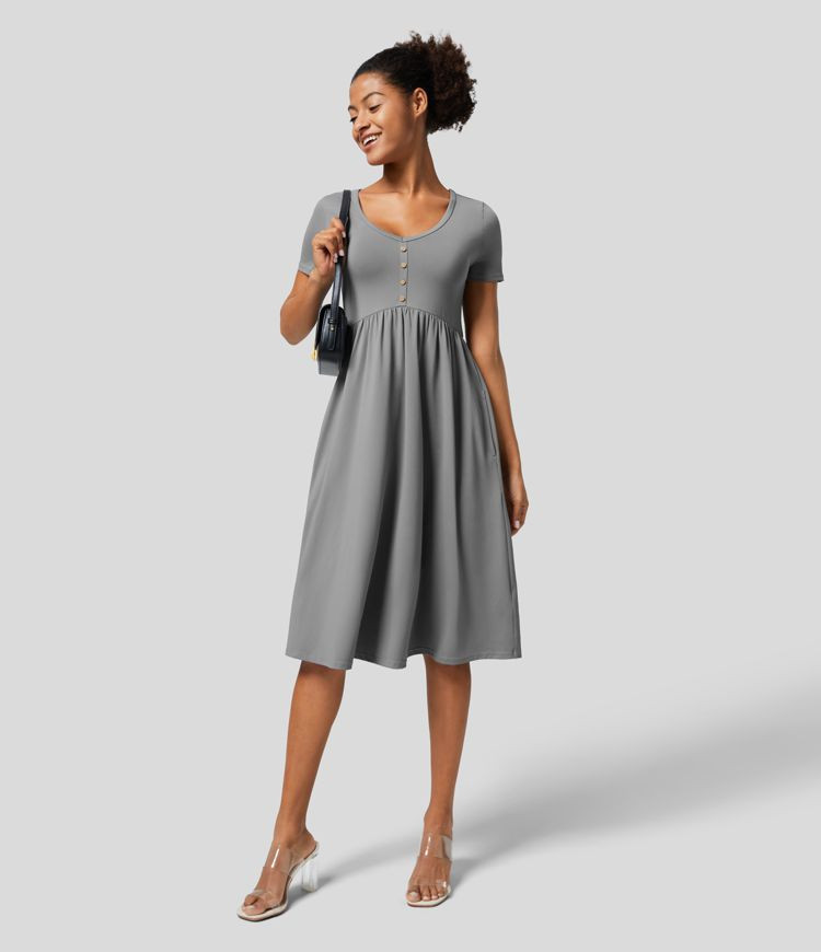 V Neck Decorative Button Short Sleeve Side Pocket Plicated Midi Casual Dress | HALARA