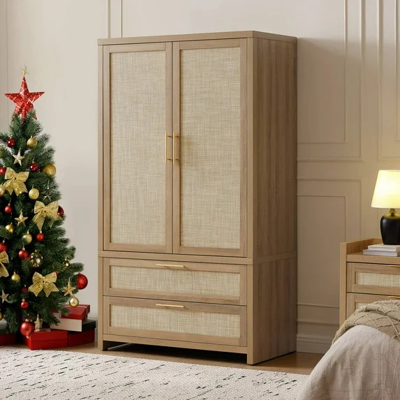 SICOTAS 40"W Oversized Boho Armoire Wardrobe Closet with 2 Large Drawers, 71" Tall Rattan Clothin... | Walmart (US)