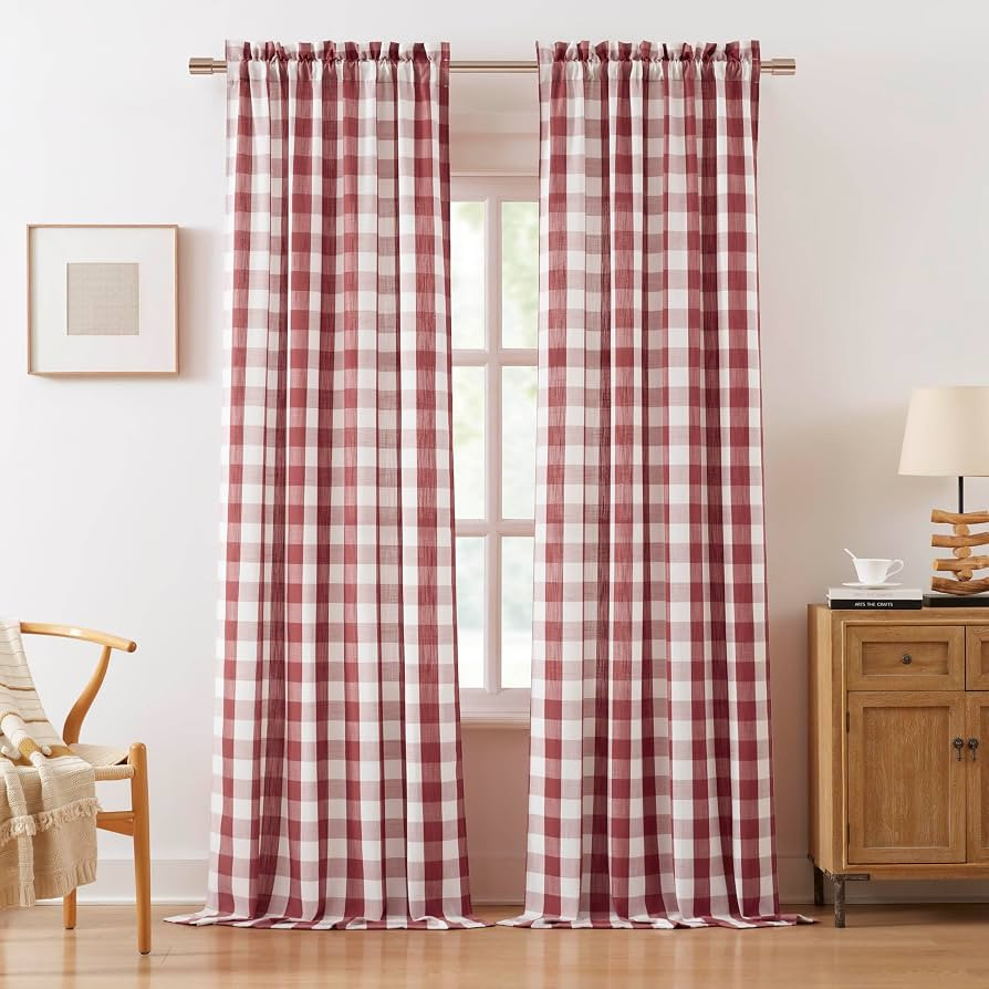 Burgundy Gingham Buffalo Check Red White Window Curtain Panels 95 Inches Length,Buffalo Plaid Gin... | Amazon (US)