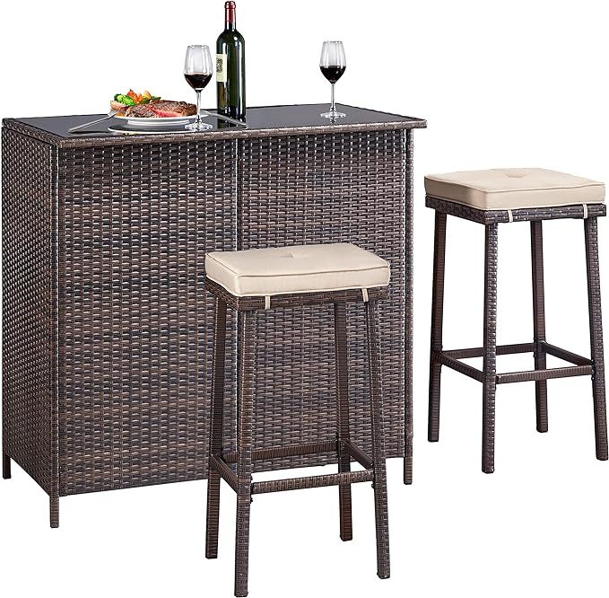 Topeakmart 3pcs Patio Furniture Outdoor Rattan Bar Set Wicker Conversation Set for Patios Backyar... | Amazon (US)