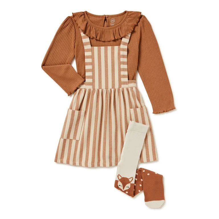 Wonder Nation Baby and Toddler Girls' Pinafore Dress, Long Sleeve Top and Tights Set, Sizes 12M -... | Walmart (US)