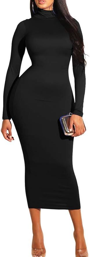 GOBLES Women's Sexy Turtleneck Long Sleeve Elegant Bodycon Party Long Dress | Amazon (US)