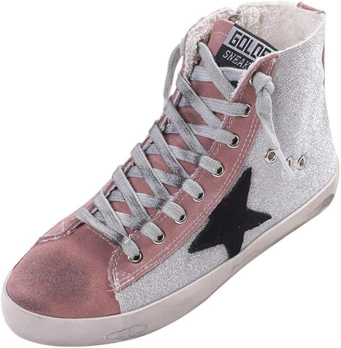 SATUKI Women's Distressed Design Lace up Star Glitter Shoes High Top Fashion Flat Sneakers | Amazon (US)