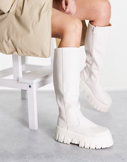 ASOS DESIGN Cole chunky knee boots in off white | ASOS (Global)