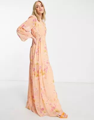 Hope & Ivy cut-out balloon sleeve maxi dress in peach and ochre floral | ASOS (Global)