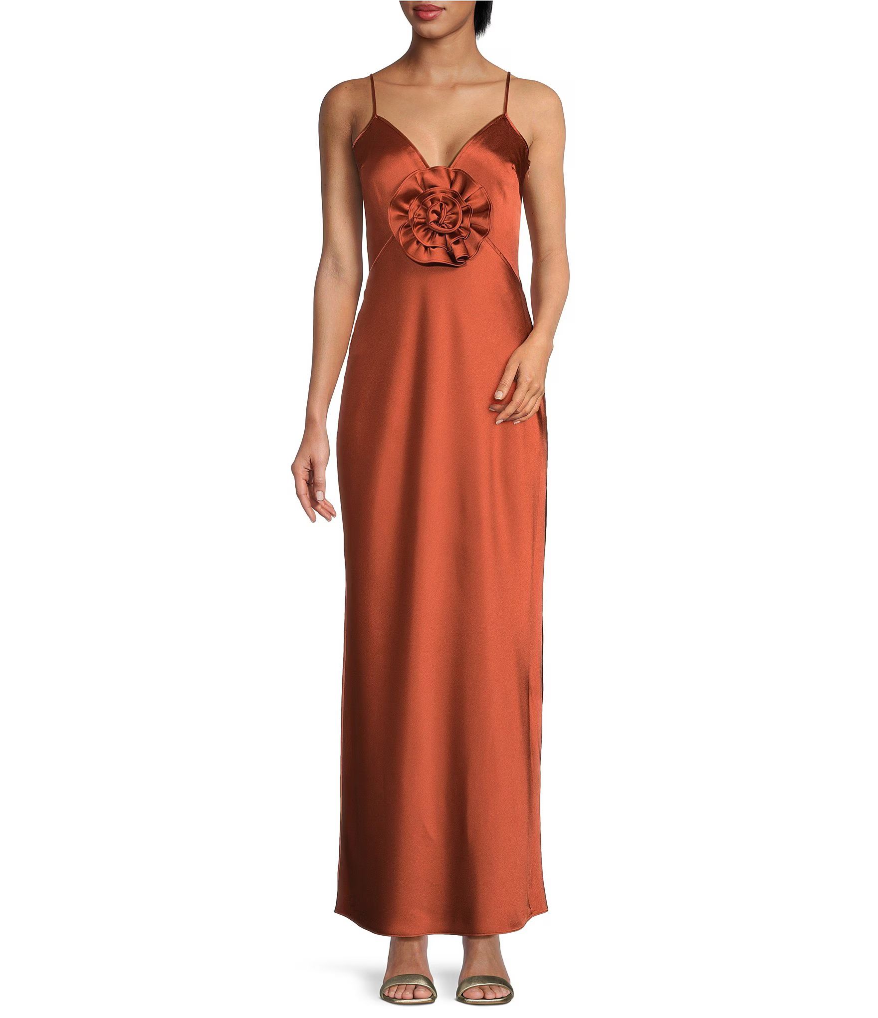 Stephanie Satin V-Neck Rosette Sleeveless Long Dress | Dillard's