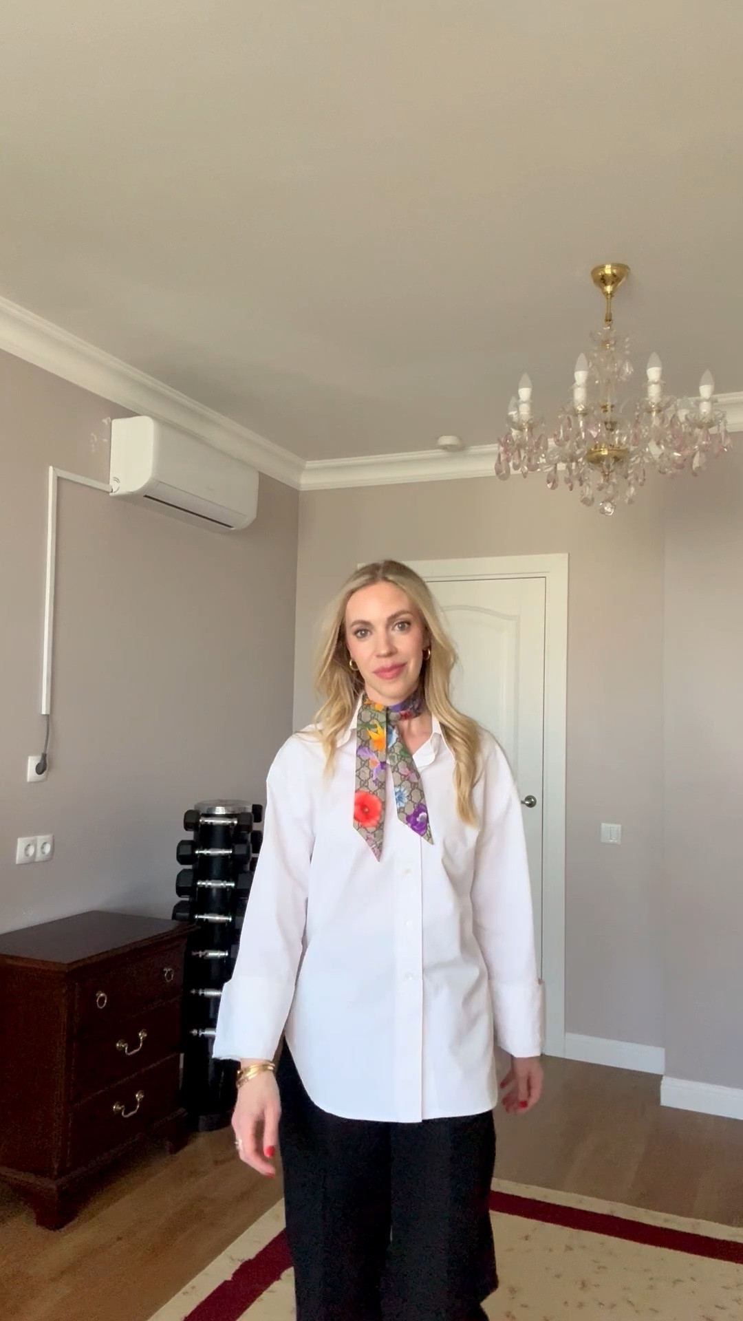 Work outfit, oversized white button down shirt, Gucci silk scarf, black linen pants, summer 2026 workwear

#LTKWorkwear #LTKSeasonal #LTKOver40