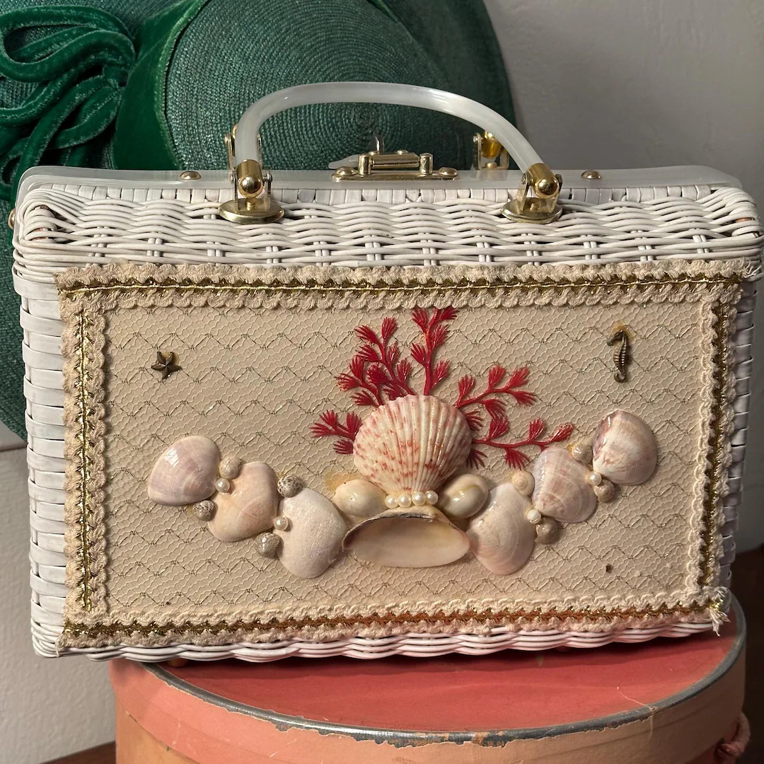 1950s Princess Charming by Atlas Vinyl Wicker Handbag with Seashell Art Decor and Lucite Handles | Etsy (US)