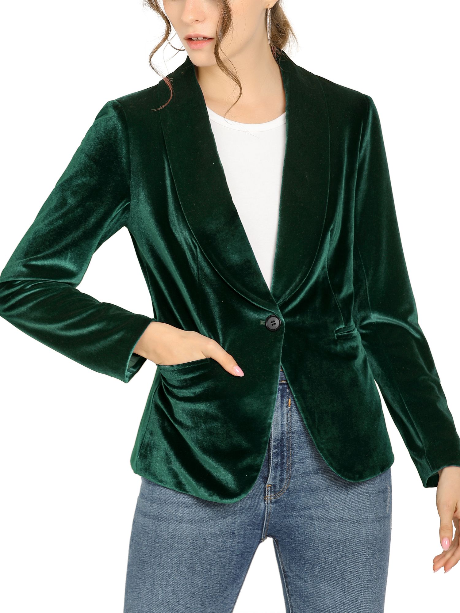 Unique Bargains Women's Velvet Office Coat Solid Shawl Collar Button Blazer - Walmart.com | Walmart (US)