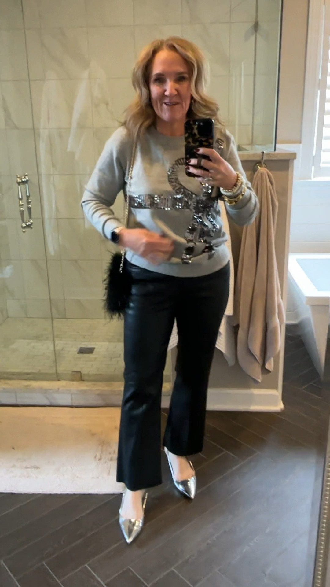 Holiday party outfit. Sweater is 50% off today. Wearing a medium.  

I’ll link the jeans at a couple of different places so you can find your size. I am wearing my smaller size and eight. They are a coded denim so it looks like faux leather but feels more like jeans

Allie+Bess code NANETTE20 

NYE outfit Christmas party outfit 

#LTKOver40 #LTKFindsUnder100 #LTKHoliday