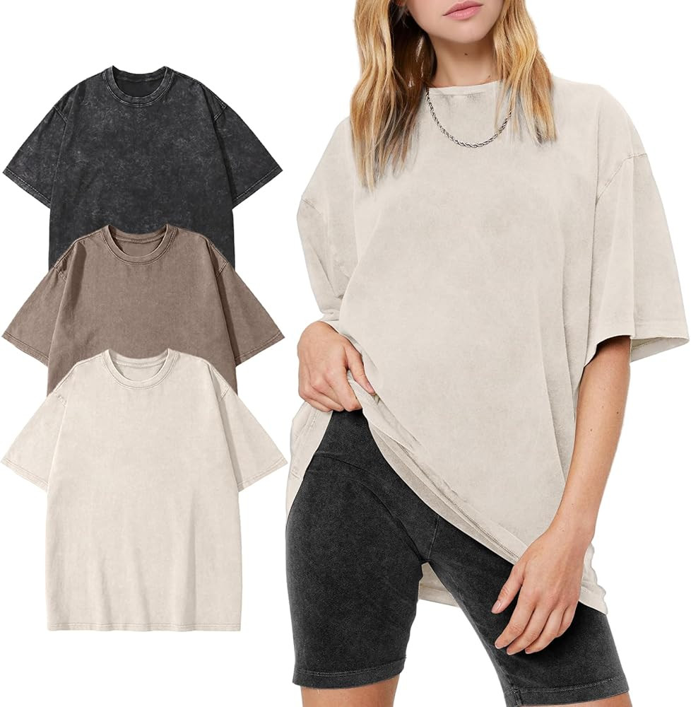 PEHMEA 3 Pcs Women's Oversized T-Shirts Cotton Short Sleeve Vintage Washed Baggy Boyfriend Street... | Amazon (US)