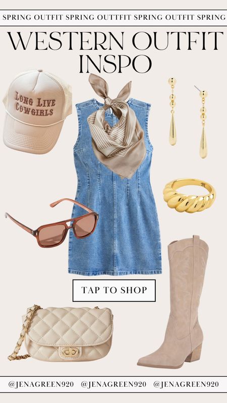 Spring Outfit Inspo | Denim Mini Dress | Trucker Hat | Western Outfit Inspo | Country Concert Outfit | Tall Western Boots

#LTKfindsunder100 #LTKshoecrush #LTKstyletip