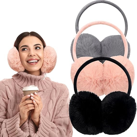 3 PCS Adjustable Winter Ear Muffs Faux Fur Warmers Cute Fuzzy Earmuffs Soft Warm Ear Covering for... | Amazon (US)