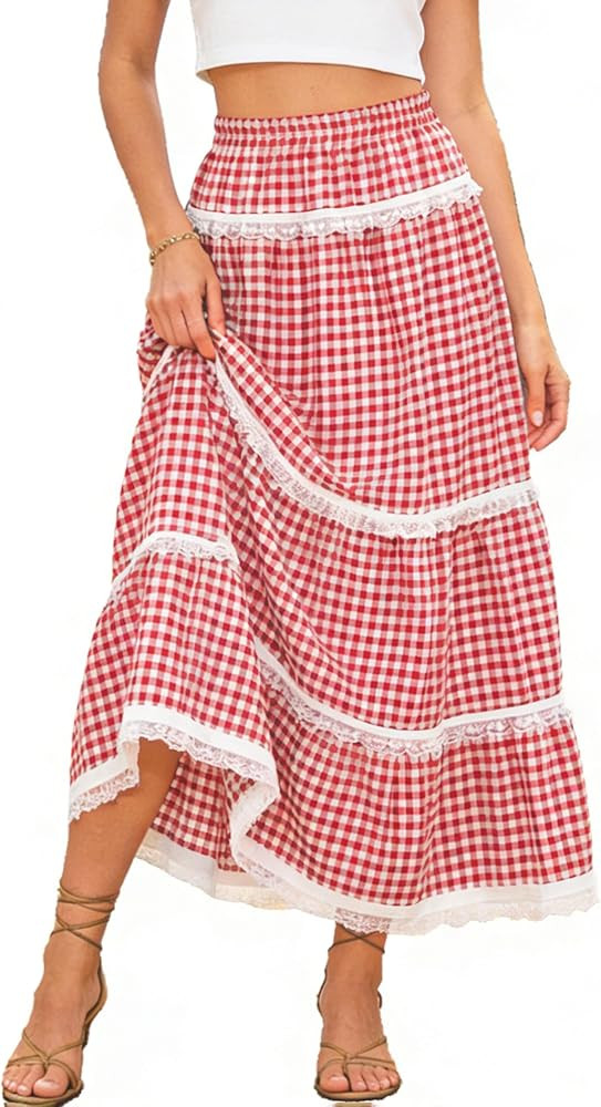Women's Plaid Gingham Boho Maxi Long Skirt Flowy Tiered A Line Lace Trim High Elastic Waist Skirt... | Amazon (US)