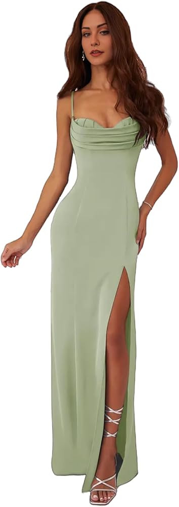 Mermaid Satin Bridesmaid Dresses for Women Spaghetti Straps Cowl Neck Formal Long Prom Dress with... | Amazon (US)