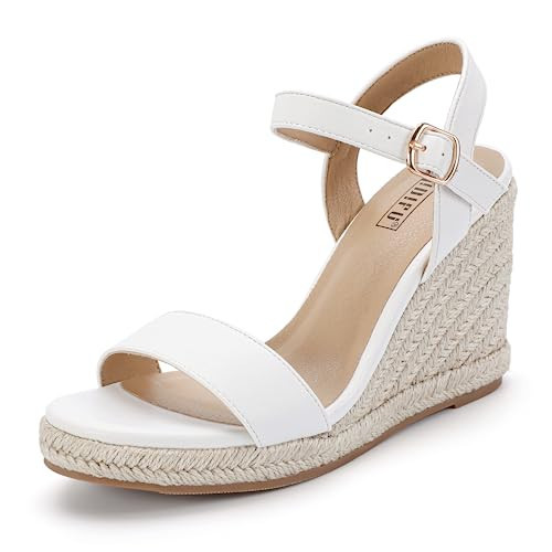 IDIFU White Espadrille Wedge Sandals for Women Open Toe Ankle Strap Platform Wedges Heels Causal Summer Wedge Shoes Comfortable Espadrilles Wedges (White Pu, 8.5) | Amazon (US)