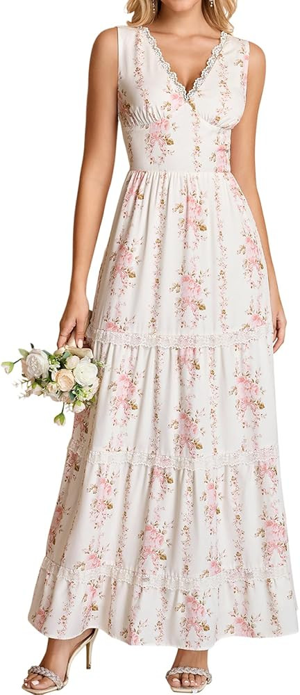 KUTUMAI Summer Lace Floral Wedding Guest Maxi Dresses for Women V Neck Corset Long Flowy Tea Part... | Amazon (US)