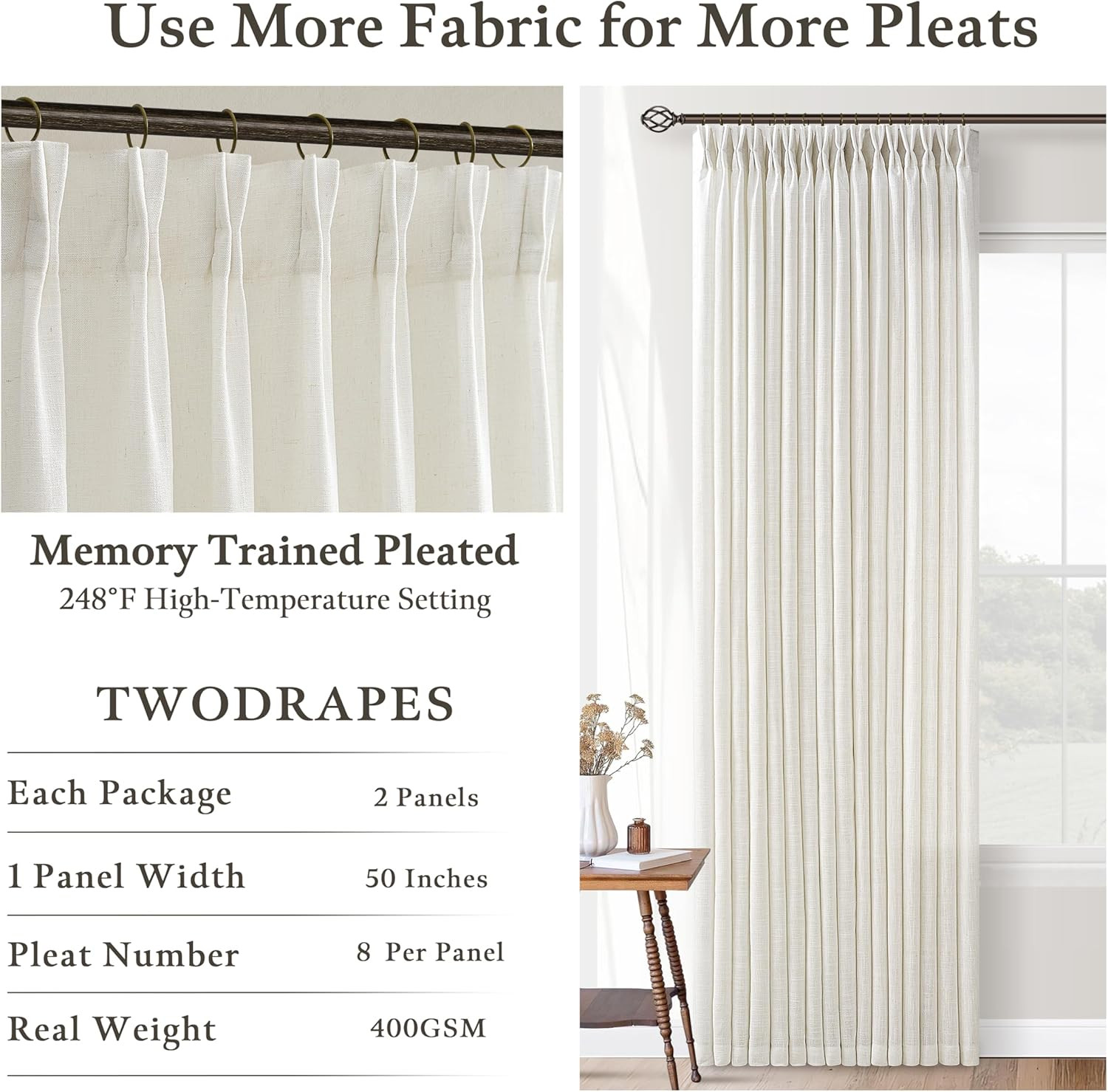 132 Inch Pinch Pleat Linen Curtains 2 Panels Set for High Ceiling Living Dining Room Semi Sheer L... | Amazon (US)