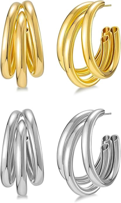 2 Pairs Gold/Silver Hoop Earrings For Women Set Trendy,14K Plated Gold Chunky Huggie Hoop Earings... | Amazon (US)