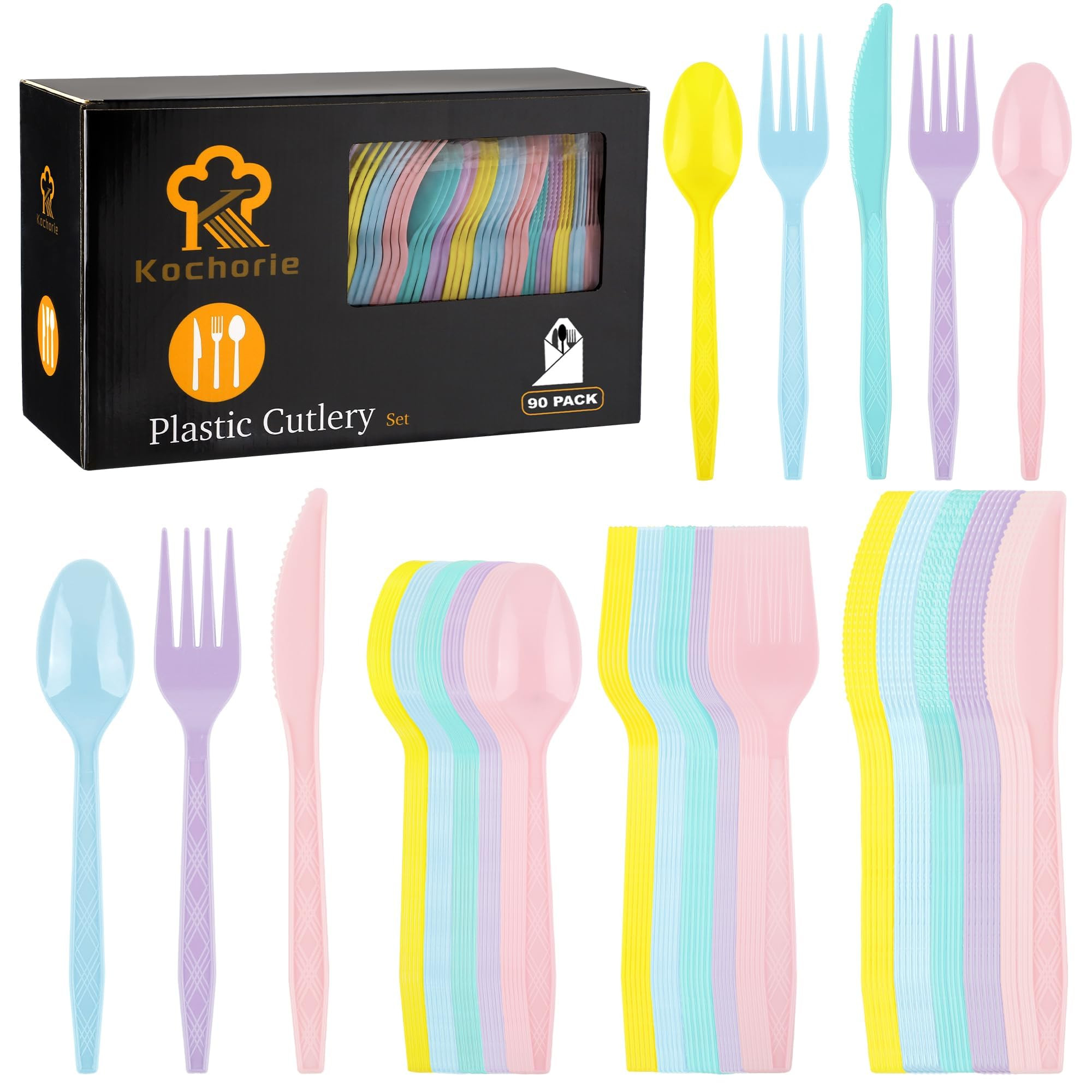 Kochorie 90 Pieces Pastel Plastic Cutlery Set Macaron Colors Disposable Plastic Utensils Colorful... | Amazon (US)