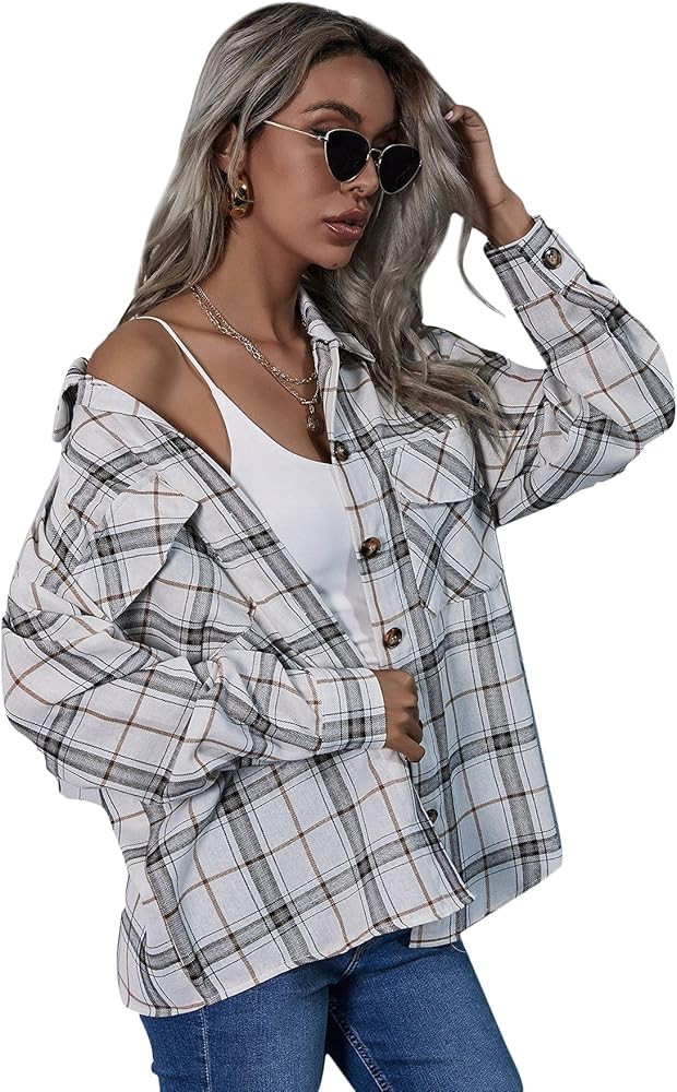 SweatyRocks Women's Long Sleeve Collar Long Button Down Plaid Shirt Blouse Tops | Amazon (US)