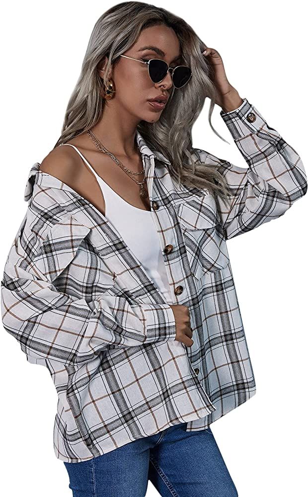 SweatyRocks Women's Long Sleeve Collar Long Button Down Plaid Shirt Blouse Tops | Amazon (US)