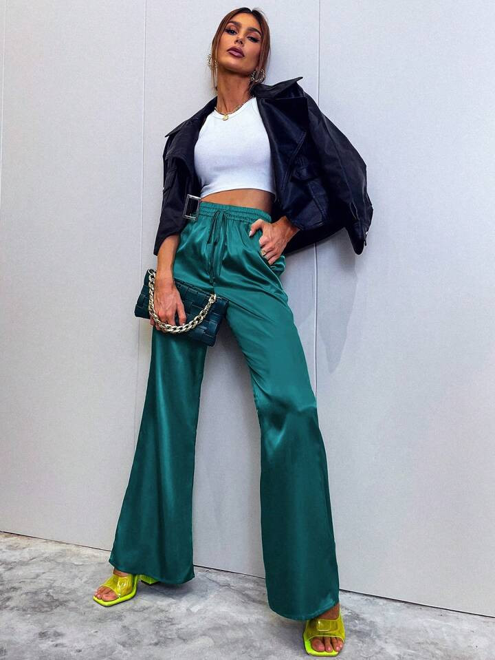 SHEIN LUNE Drawstring Waist Satin Wide Leg Pants | SHEIN