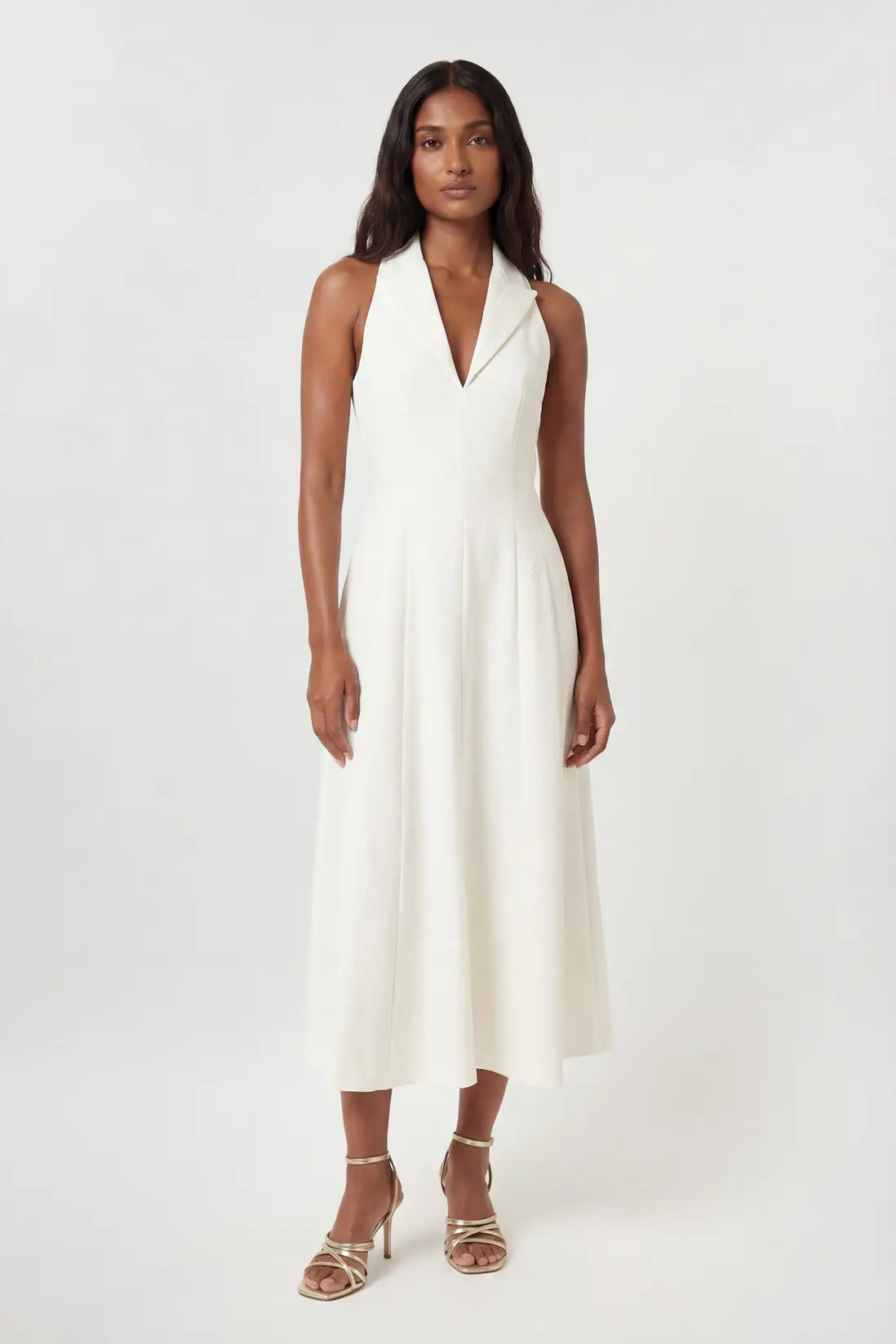 Ivory Compact Stretch Seam Detail Tailored Full Skirted Midi Dress | Karen Millen | Karen Millen