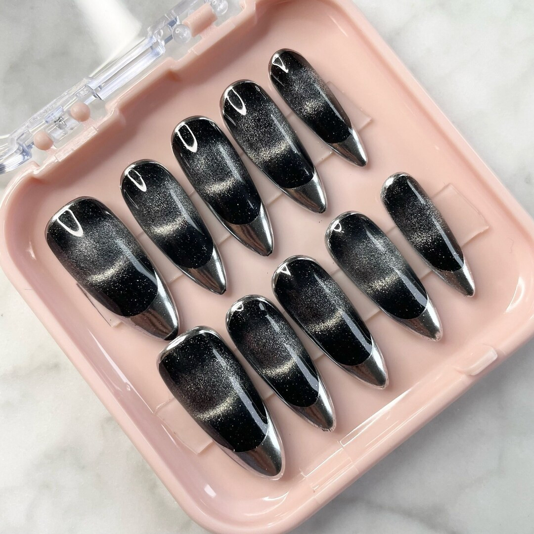 Black and Silver Goth Press On Nails, Futuristic Chrome French Manicure Artistic Nails for Girls,... | Etsy (US)