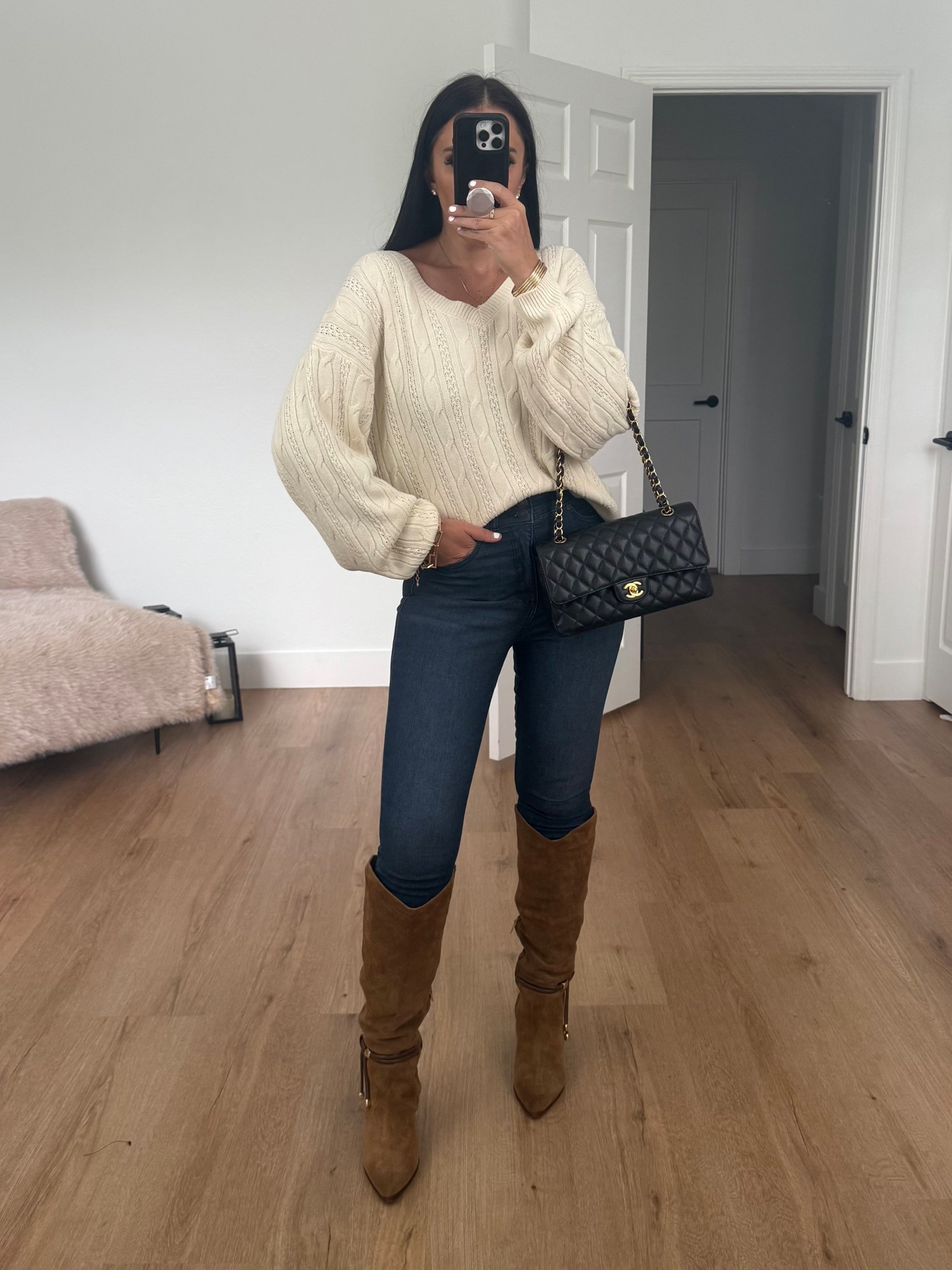 Bow Back Cable Knit Sweater wearing size medium. Sofia Jeans Women's and Women's Plus Eva Contouring Skinny High Rise Ankle Jeans wearing size 4 only $22.
