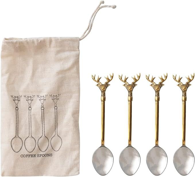 Creative Co-Op Stainless Steel and Brass Spoons with Gold Finish Reindeer Handles, Set of 4 in Pr... | Amazon (US)