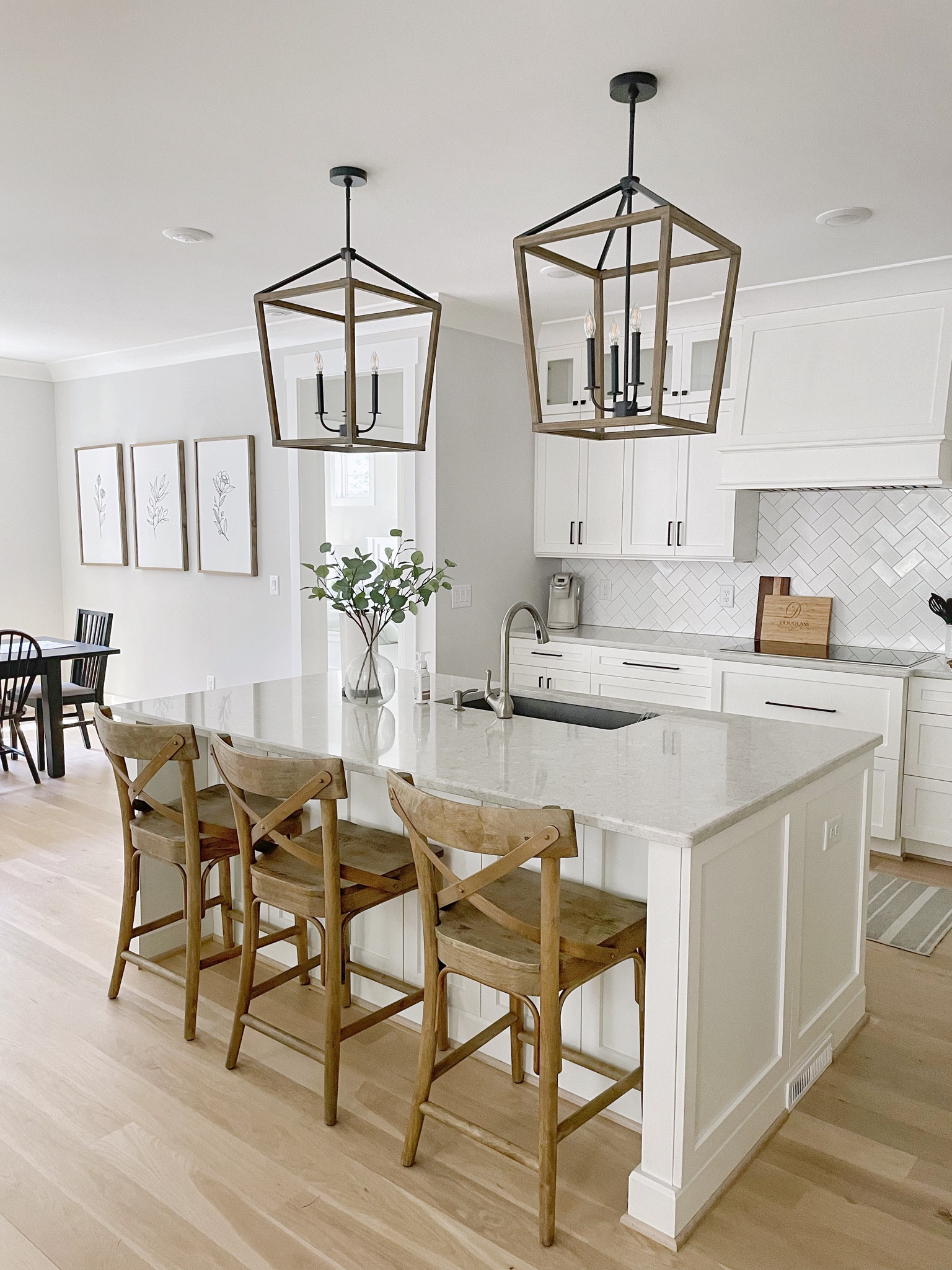 Kitchen, pendant lights, bar stools, faux eucalyptus, glass vase.

#LTKhome