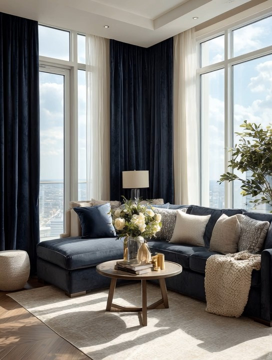 One of the easiest ways to add color to a room is without painting a single wall.

Designers have known this secret for years.

Floor-to-ceiling velvet curtains don't just frame a window—they create an entire wall of color.

Whether you choose navy, burgundy, sage green, or another rich tone, velvet instantly adds depth, texture, and elegance. And unlike paint, you can change how much of that color you experience throughout the day.

Open them completely and flood the room with natural light.

Tuck them neatly to the side for a tailored designer look.

Close them halfway to soften the light and create atmosphere.

Or draw them fully closed and let that rich velvet become a dramatic backdrop for the entire room.

That's why we love velvet curtains.

They give you color, softness, luxury, and flexibility all at once.

And in a room like this, the navy velvet creates the perfect contrast against the light walls while pairing beautifully with the matching sofa to create a space that feels cohesive, calm, and timeless.

✨ Color without commitment. Luxury without renovation.

#VelvetCurtains #NavyCurtains #LivingRoomDecor #WindowTreatments #ElegantAndDriven 

 #LTKHome