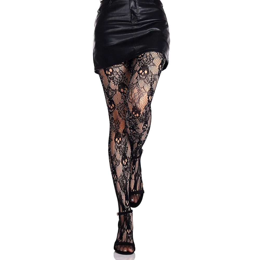 Olbye Black Fishnet Stockings Skull Tights Rhinestone Spiderweb Thigh High Waist Leggings Hallowe... | Amazon (US)