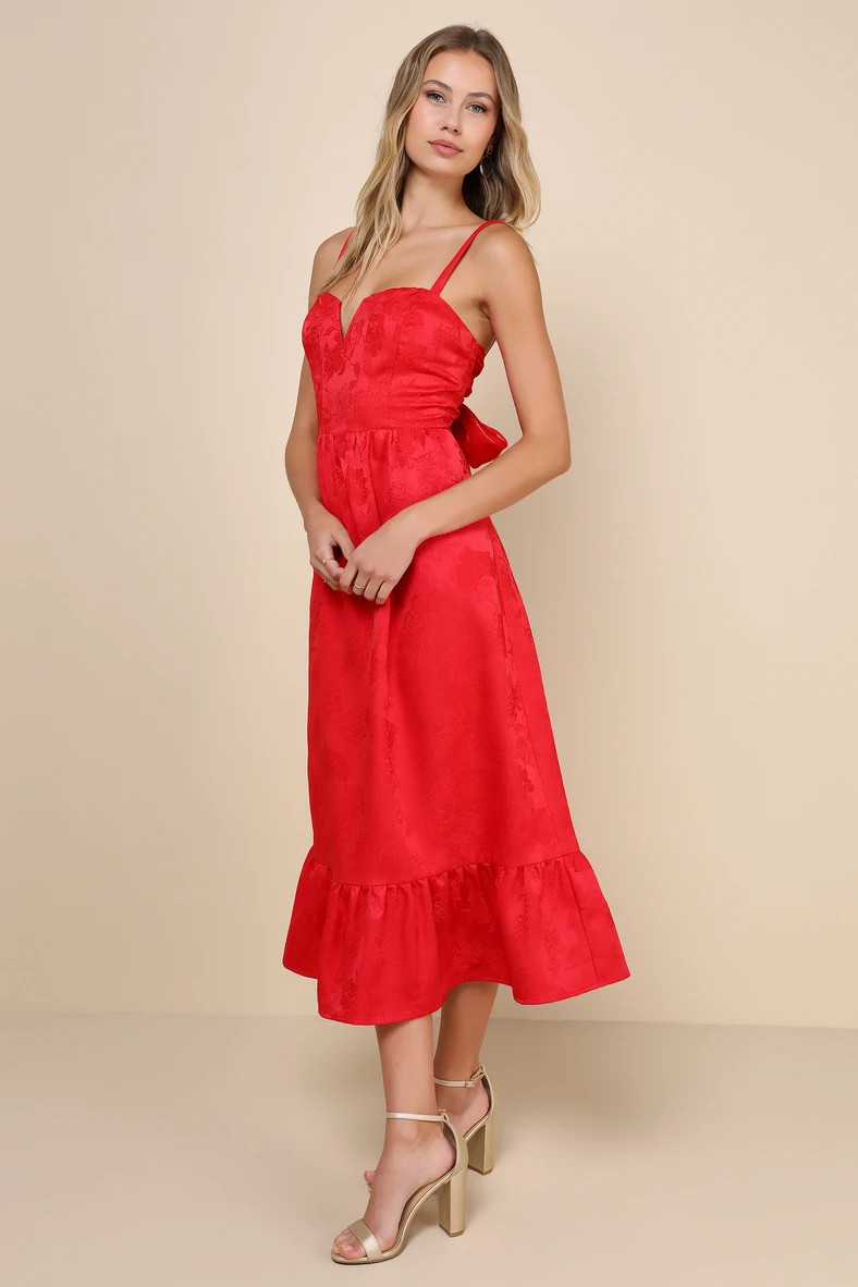 Major Perfection Red Floral Jacquard Midi Dress with Pockets | Lulus