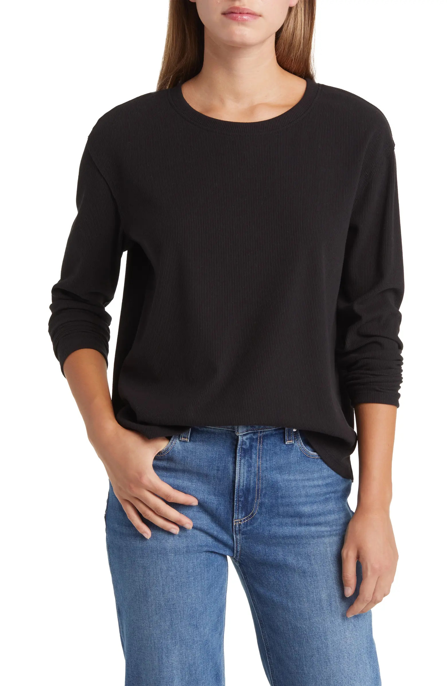 Pleat Black Long Sleeve Rib Top | Nordstrom