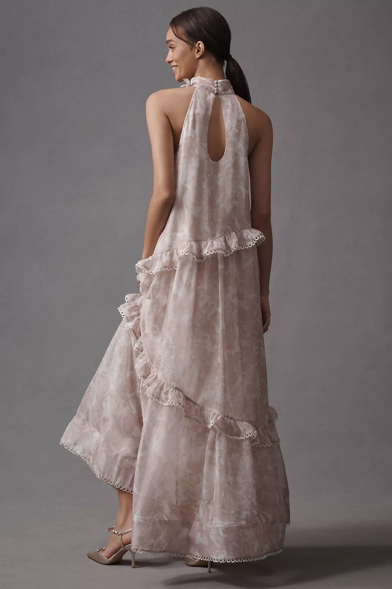 BHLDN High-Neck Ruffle Printed Organza Maxi Dress | Anthropologie (US)