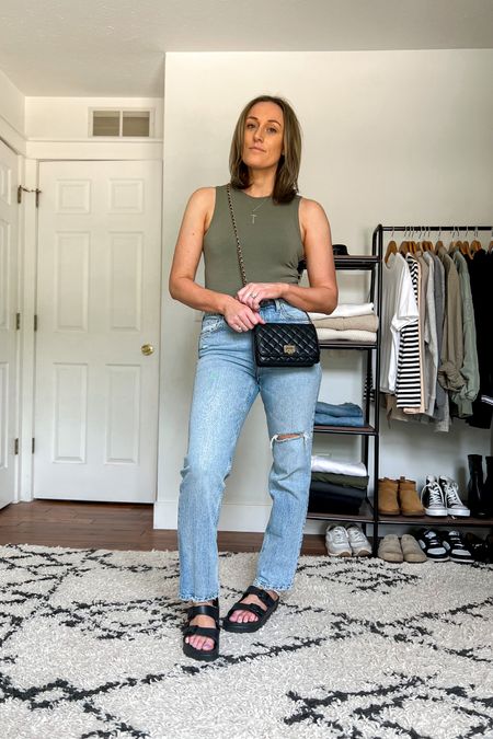 Sandals. Summer outfit idea. Casual outfit idea. Tank top bodysuit. Straight leg jeans. Black platform sandals.

Sizing
Bodysuit is a small.
Jeans are a 6 (one size up from my usual size).
Sandals are a full size up from my usual size.

#LTKunder100 #LTKstyletip #LTKunder50
