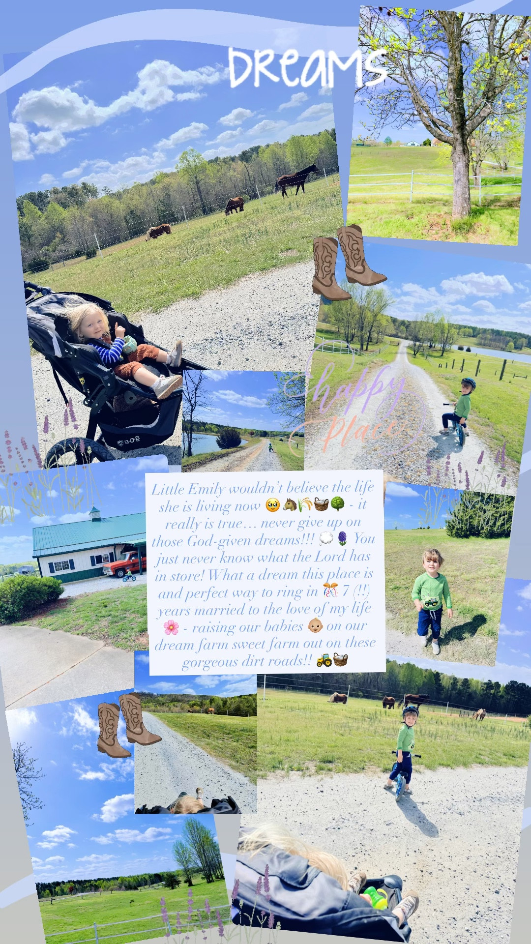 Little Emily wouldn’t believe the life she is living now 🥹🐴🌾🧺🌳 - it really is true… never give up on those God-given dreams!!! 💭🪻 You just never know what the Lord has in store! What a dream this place is and perfect way to ring in 🎊 7 (!!) years married to the love of my life 🌸 - raising our babies 👶🏼 on our dream farm sweet farm out on these gorgeous dirt roads!! 🚜🧺