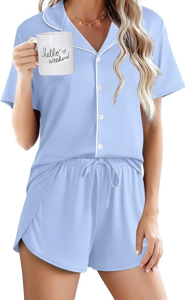 Ekouaer Pajamas for Women Set Button Up Sleepwear 2 Piece Pjs Lounge Set Short Sleeve Nightwear | Amazon (US)
