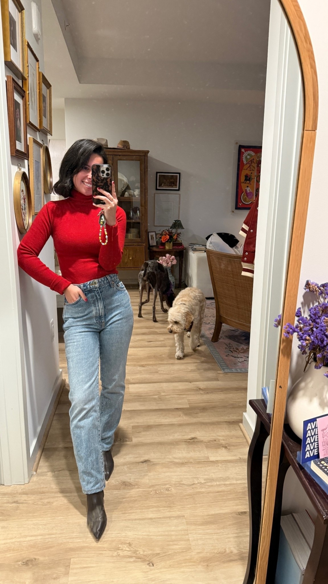 Thanks giving outfit idea, casual holiday outfit, red turtleneck, khaite Abigail jeans petite 

#LTKootd #LTKPetite