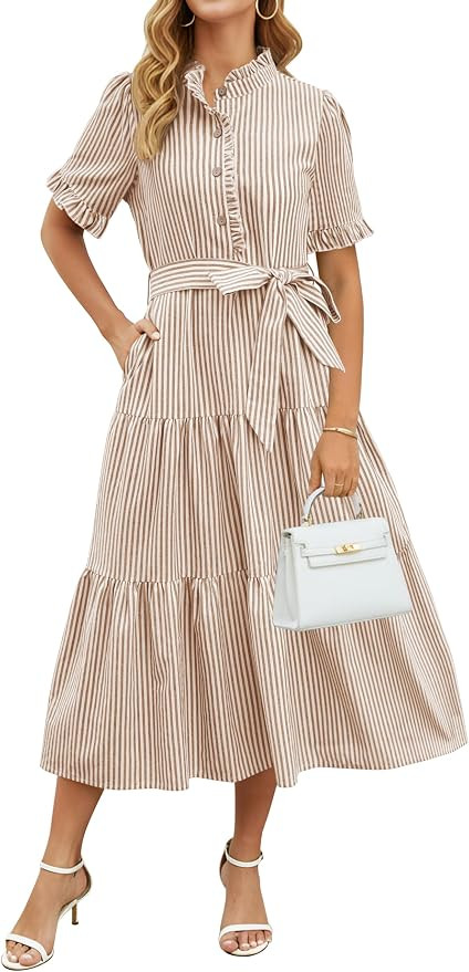 Womens Summer Dress Cotton Striped Button Up Maxi Dresses Ruffled Sleeve | Amazon (US)