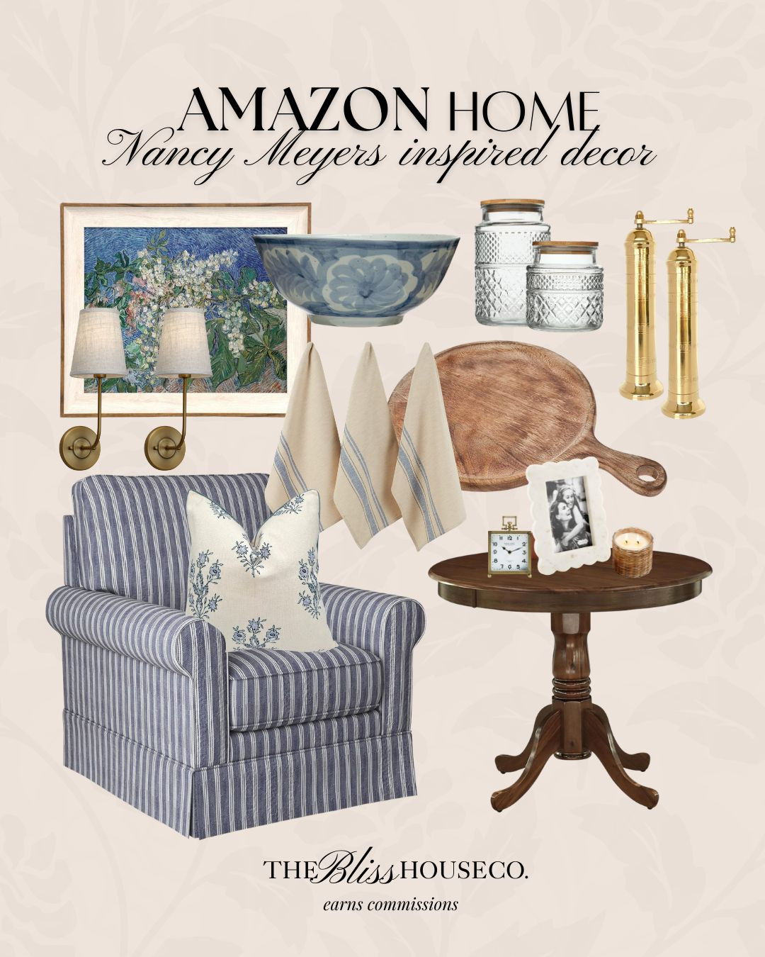 Amazon home finds with that cozy, collected feel. 🤍 Soft blue stripes, warm wood tones, brass accents and classic florals. All the charm without the designer price tag!

Amazon home decor, classic traditional decor, blue striped accent chair, vintage inspired wall art, brass wall sconces, Nancy Meyers aesthetic home, cozy timeless interiors, warm wood side table, embroidered throw pillow, blue and white kitchen accents, traditional cottage style, collected layered home decor, affordable designer look for less. 

 #LTKHome